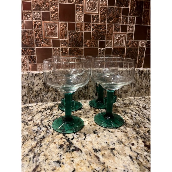 Libbey Other - Set‎ of 4 Green Cactus Stem Margarita Glasses Novelty Cocktail Glasses